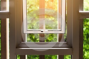 Opened aluminium window with latch handle