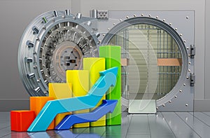 Opened bank vault with growing charts. Analytical banking concept, 3D rendering