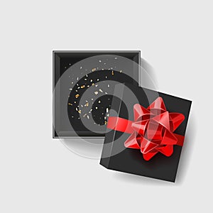 Opened black empty gift box with red ribbon and bow on dark background. Vector illustration