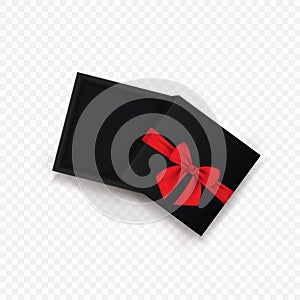 Opened black empty gift box with red ribbon and bow isolated on transparent background. Top view. Template for your