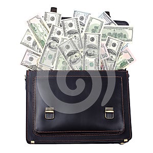 Opened black leather briefcase with dollars isolated on white ba