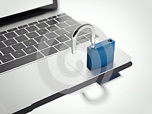 Opened padlock on a modern laptop. 3d rendering