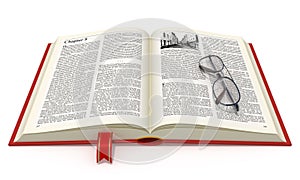 Opened book with eyeglasses