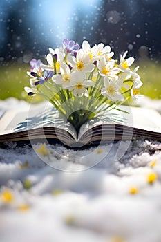 Opened book with growing spring flowers on a meadow with grass growing through the melting snow.