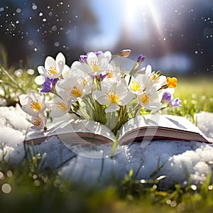 Opened book with growing spring flowers on a meadow with grass growing through the melting snow.