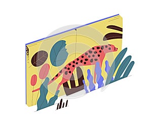 Opened book with leopard standing in tropical leaves vector flat illustration. Textbook, fairytales or encyclopedia with