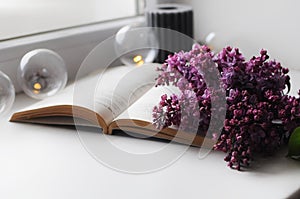 Opened book and lilac flowers composition near the window. Romantic atmosphere