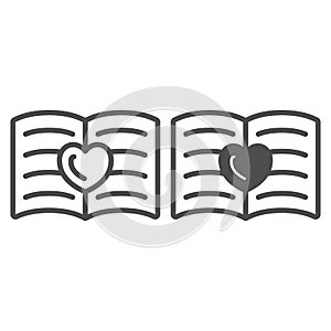 Opened book, notebook with heart line and solid icon, dating concept, love letter vector sign on white background