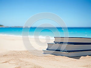 opened book on sand beach over blue sea background.