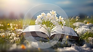 Opened book with spring flowers on a meadow with grass growing through the melting snow.