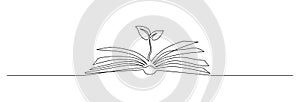 Opened book with sprout plant in one continuous line drawing . Education study and knowledge concept in simple linear