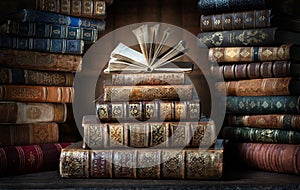 Opened book and stacks of old books on wooden desk in old library. Ancient books historical background. Retro style. Conceptual photo