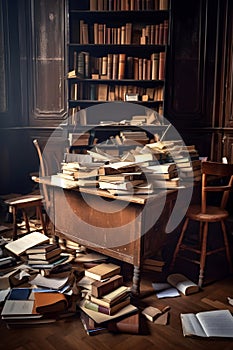 Opened book and stacks of old books on wooden desk in old library. Generative AI