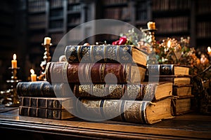 Opened book surrounded by stacks of ancient books on a wooden desk in an old library
