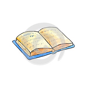 Opened book by watercolor on white background. Old book in blue cover handdrawn illustration.