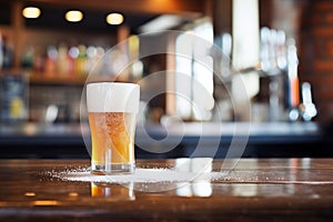 an opened bottle of beer with froth on a bar counter