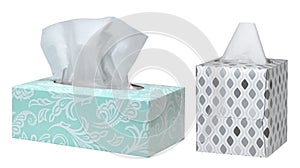 Opened box paper tissues on white background.
