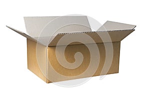 Opened brown carton shipping box. Isolated on white background. This has clipping path