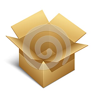 Opened brown paper box icon with shadow, vector