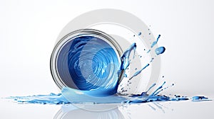 Opened can of blue paint with splash on white background