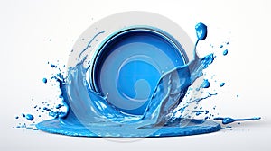 Opened can of blue paint with splash on white background