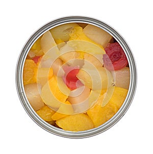 Opened can of fruit cocktail isolated on a white background