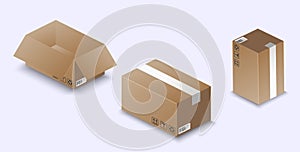 Opened and closed cardboard boxes isolated on a white background. Empty open shipping box or unboxing.