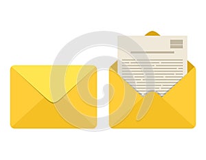 Opened and closed envelope with note paper card isolated on white background. Mail icon. Emailing and communication