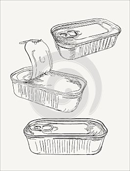 Opened and closed food tin cans, sketch vector.