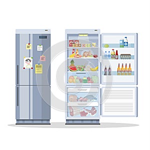 Opened and closed fridge or refrigerator with food.