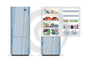 Opened and closed fridge or refrigerator with food.