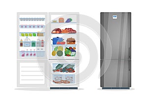 Opened and closed fridge or refrigerator with food.