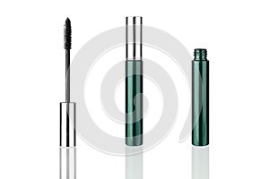 Opened and closed mascara tube, brush white background mirror reflection isolated closeup, mascara container, eyelash applicator