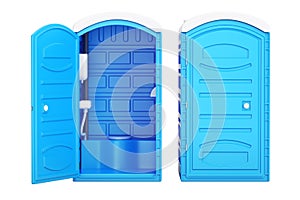 Opened and closed mobile portable blue plastic toilets, 3D rendering