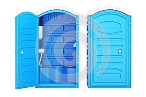 Opened and closed mobile portable blue plastic toilets, 3D rendering photo