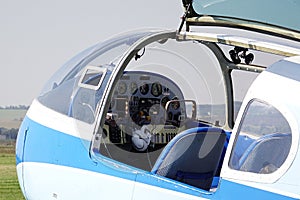 Opened cockpit of Aero AE-145 Czechoslovak twin piston-engined civil utility aircraft.