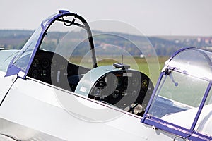 Opened cockpit of Zlin Z 26 Trener training two seat Czechoslovakian aircraft