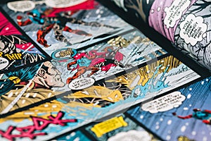 Opened comic book page, close up