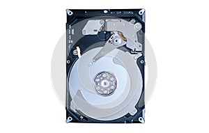 Opened computer hard drive, top view