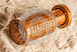 Opened copper cryptex invented by Leonardo da Vinci from the book da vinci code. Word creativity as password set by