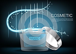 Opened cosmetic cream with blue abstract light on dark bsckground vector cosmetic ads