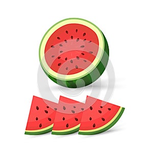 Opened cut watermelon, clipart, vector, cartoon fresh green watermelon pieces, three pieces red watermelon on isolated background