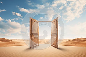 Opened door on desert. Unknown and start up concept.