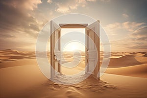 Opened door on desert. Unknown and start up concept.