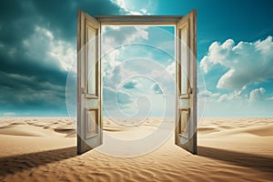 Opened door on desert. Unknown and start up concept. This is a 3d illustration