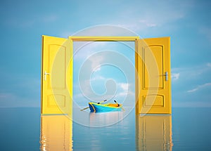 Opened door in the nature. Escape and opportunity concept