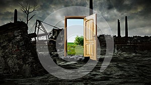 Opened door. A portal between nature and ecological catastrophe, apocalypse. 3d rendering. photo