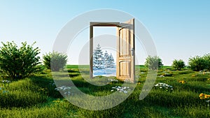 Opened door. A portal winter to summer, Change of seasons concept. Transition. 3d rendering.