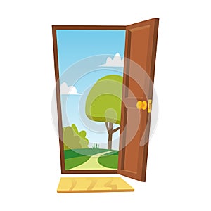 Opened Door Vector. Cartoon Flat Summer Landscape. Front View. Freedom Concept. Isolated Illustration.