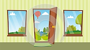 Opened Door And Windows Vector. Cartoon Flat Summer Landscape. Home Interior. Front View. Freedom Concept.